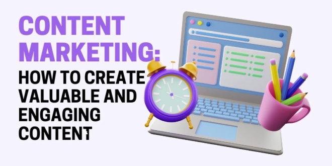 A laptop displaying content marketing analytics, with a vibrant purple alarm clock and a mug full of colorful writing tools, symbolizing the timely and creative aspects of content marketing.