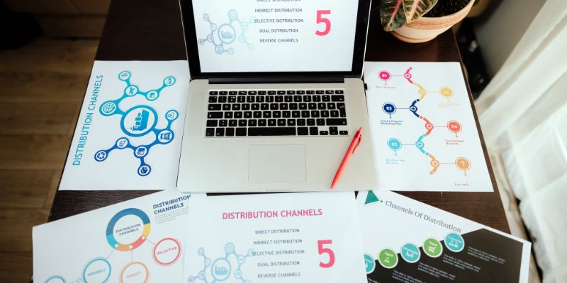 Workspace with a laptop and printed materials displaying colorful infographics about distribution channels for content promotion