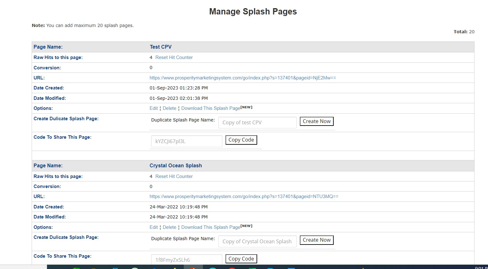 manage splash pages